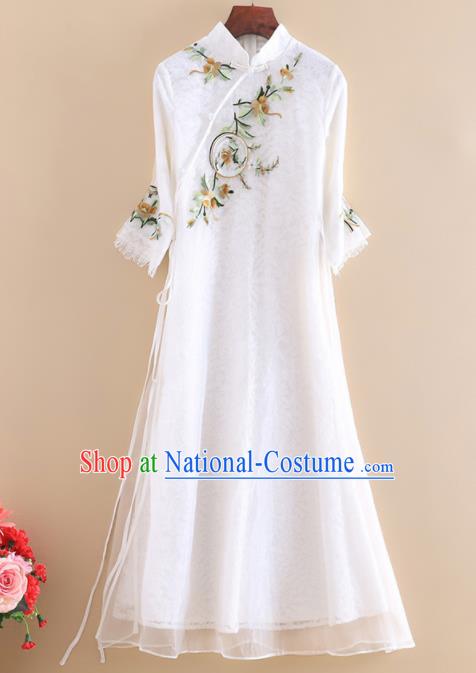 Chinese Traditional Tang Suit Embroidered White Organza Cheongsam National Costume Qipao Dress for Women