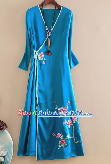 Chinese Traditional Tang Suit Embroidered Blue Brocade Cheongsam National Costume Qipao Dress for Women