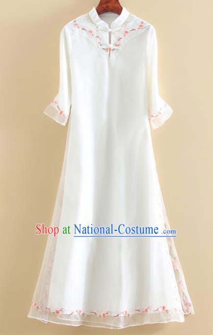 Chinese Traditional Tang Suit Embroidered Peach Flowers White Cheongsam National Costume Qipao Dress for Women