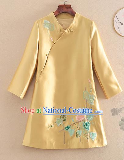 Chinese Traditional Tang Suit Embroidered Petunia Golden Jacket National Costume Qipao Upper Outer Garment for Women