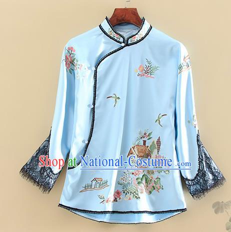 Chinese Traditional Tang Suit Embroidered Blue Shirt National Costume Qipao Upper Outer Garment for Women