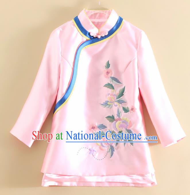 Chinese Traditional Tang Suit Embroidered Pink Satin Shirt National Costume Qipao Upper Outer Garment for Women