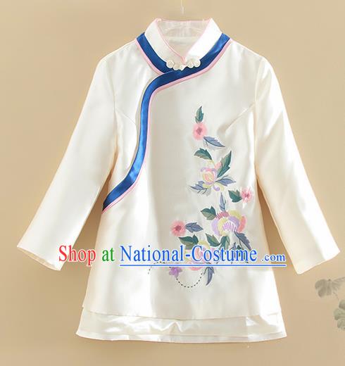 Chinese Traditional Tang Suit Embroidered White Satin Shirt National Costume Qipao Upper Outer Garment for Women