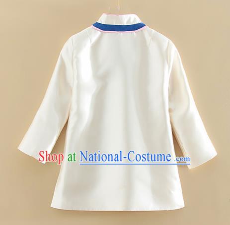 Chinese Traditional Tang Suit Embroidered White Satin Shirt National Costume Qipao Upper Outer Garment for Women