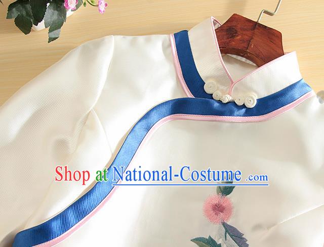 Chinese Traditional Tang Suit Embroidered White Satin Shirt National Costume Qipao Upper Outer Garment for Women