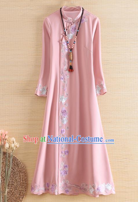 Chinese Traditional Tang Suit Embroidered Pink Cheongsam National Costume Qipao Dress for Women