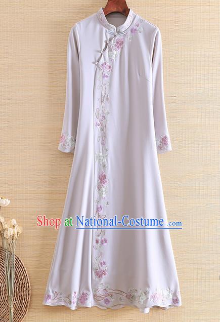 Chinese Traditional Tang Suit Embroidered Grey Cheongsam National Costume Qipao Dress for Women