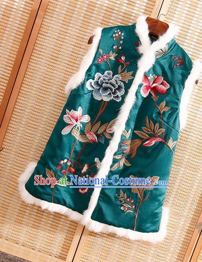 Chinese Traditional Embroidered Peony Green Vest National Dress Embroidery Waistcoat for Women