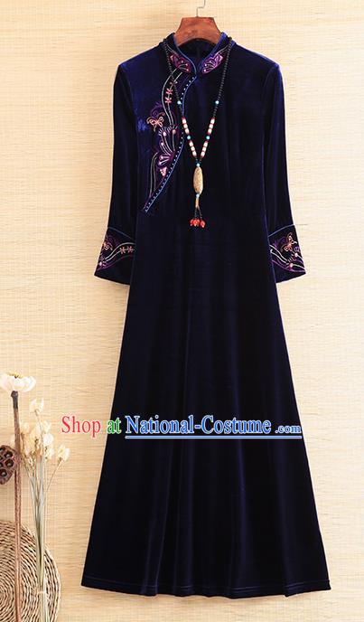 Chinese Traditional Deep Blue Velvet Cheongsam National Costume Qipao Dress for Women