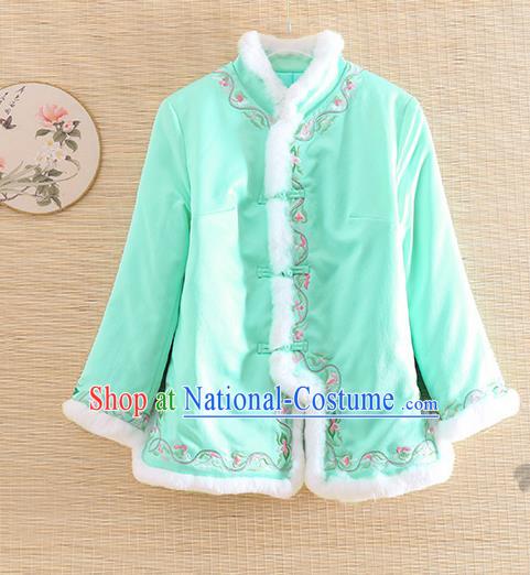 Chinese Traditional Winter Green Jacket National Costume Qipao Upper Outer Garment for Women