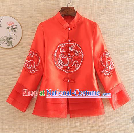 Chinese Traditional Embroidered Red Jacket National Costume Qipao Upper Outer Garment for Women