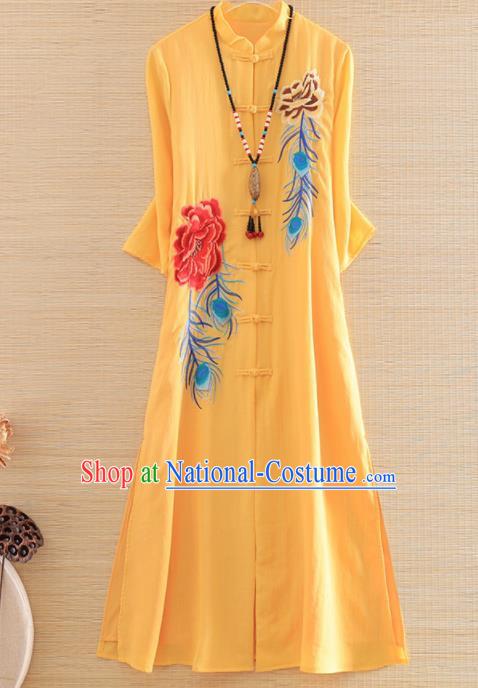 Chinese Traditional Embroidered Phoenix Peony Yellow Cheongsam National Costume Qipao Dress for Women