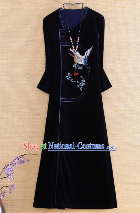 Chinese Traditional Embroidered Purple Velvet Cheongsam National Costume Qipao Dress for Women