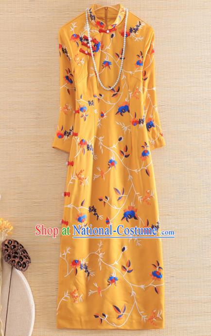 Chinese Traditional Embroidered Flowers Yellow Cheongsam National Costume Qipao Dress for Women