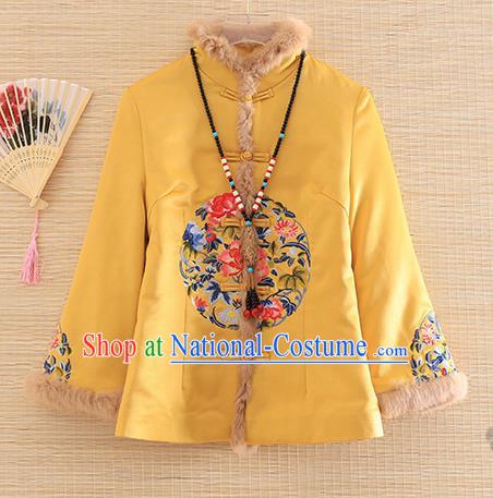 Chinese Traditional Embroidered Peony Yellow Jacket National Costume Qipao Upper Outer Garment for Women