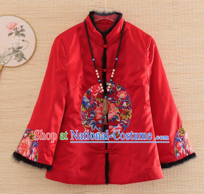 Chinese Traditional Embroidered Peony Red Jacket National Costume Qipao Upper Outer Garment for Women