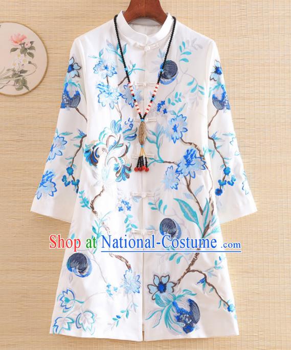 Chinese Traditional Embroidered White Jacket National Costume Qipao Upper Outer Garment for Women