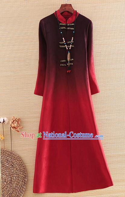 Chinese Traditional Printing Wine Red Dust Coat National Costume Qipao Upper Outer Garment for Women