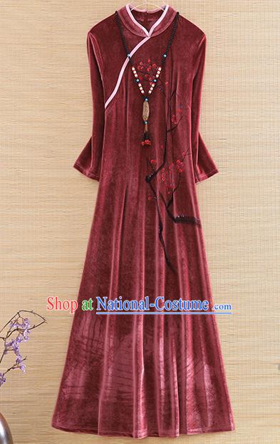 Chinese Traditional Rust Red Velvet Cheongsam National Costume Qipao Dress for Women