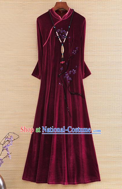 Chinese Traditional Wine Red Velvet Cheongsam National Costume Qipao Dress for Women