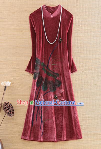 Chinese Traditional Printing Lotus Rust Red Velvet Cheongsam National Costume Qipao Dress for Women