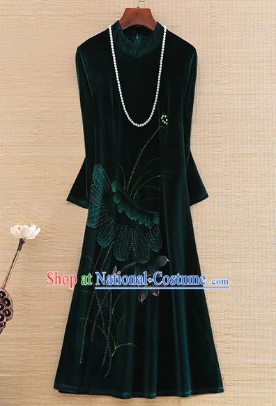 Chinese Traditional Printing Lotus Green Velvet Cheongsam National Costume Qipao Dress for Women