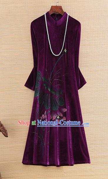 Chinese Traditional Printing Lotus Purple Velvet Cheongsam National Costume Qipao Dress for Women