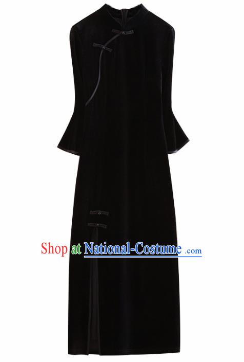 Chinese Traditional Black Velvet Cheongsam National Costume Qipao Dress for Women