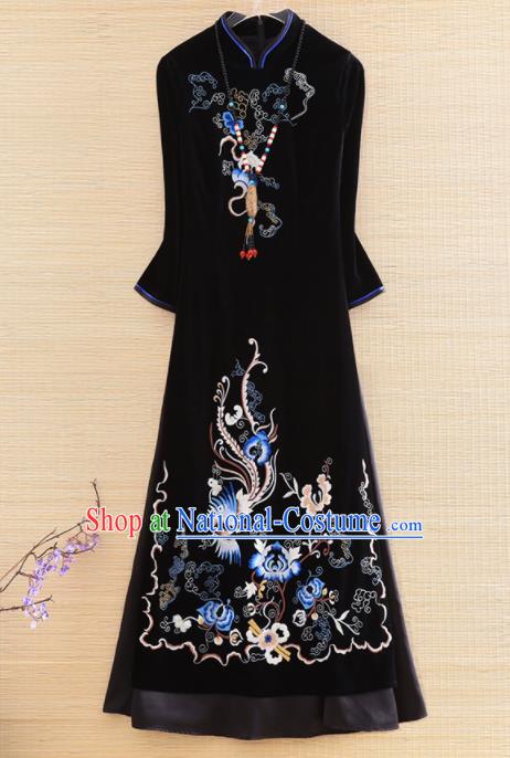 Chinese Traditional Embroidered Black Cheongsam National Costume Qipao Dress for Women