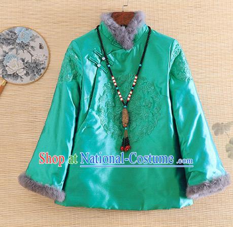 Chinese Traditional Embroidered Green Quilted Jacket National Costume Qipao Upper Outer Garment for Women