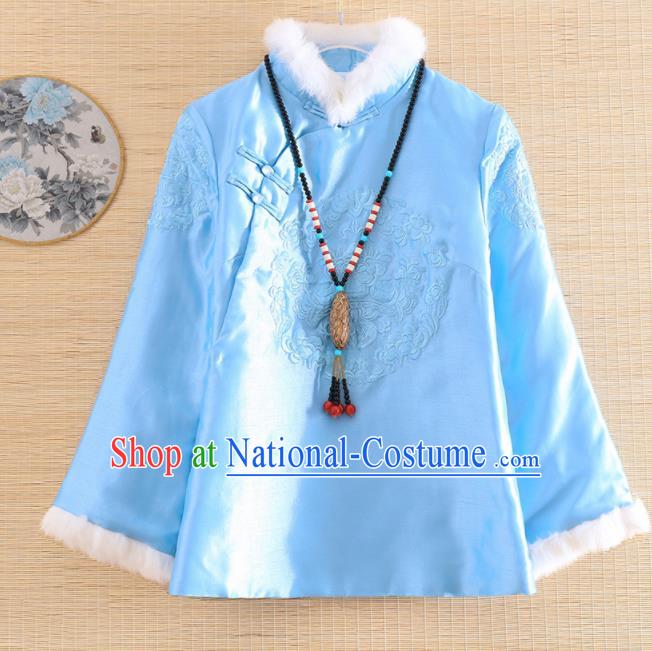 Chinese Traditional Embroidered Light Blue Quilted Jacket National Costume Qipao Upper Outer Garment for Women