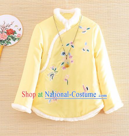 Chinese Traditional Tang Suit Embroidered Yellow Cotton Padded Jacket National Costume Qipao Upper Outer Garment for Women