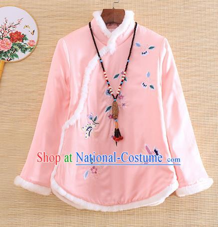 Chinese Traditional Tang Suit Embroidered Pink Cotton Padded Jacket National Costume Qipao Upper Outer Garment for Women