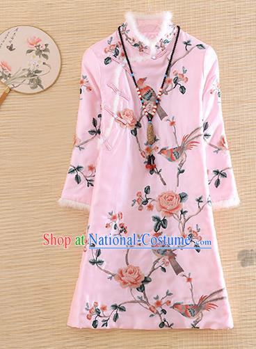 Chinese Traditional Tang Suit Embroidered Pink Cotton Padded Coat National Costume Qipao Upper Outer Garment for Women