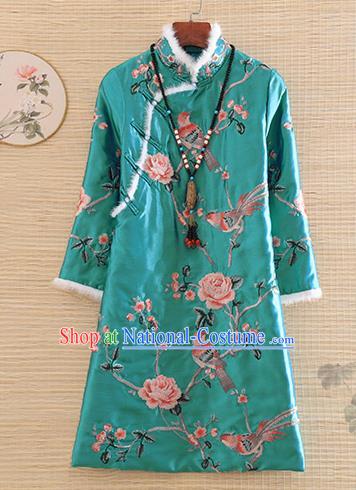 Chinese Traditional Tang Suit Embroidered Green Cotton Padded Coat National Costume Qipao Upper Outer Garment for Women