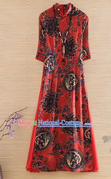 Chinese Traditional Tang Suit Printing Red Cheongsam National Costume Qipao Dress for Women