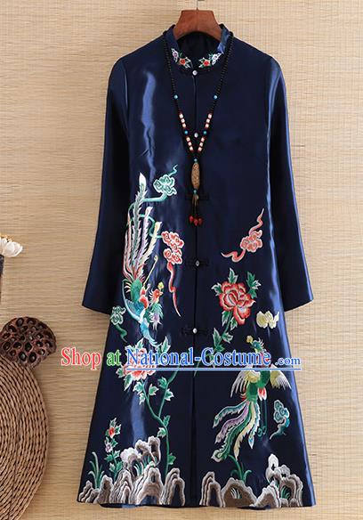 Chinese Traditional Tang Suit Embroidered Navy Dust Coat National Costume Qipao Outer Garment for Women