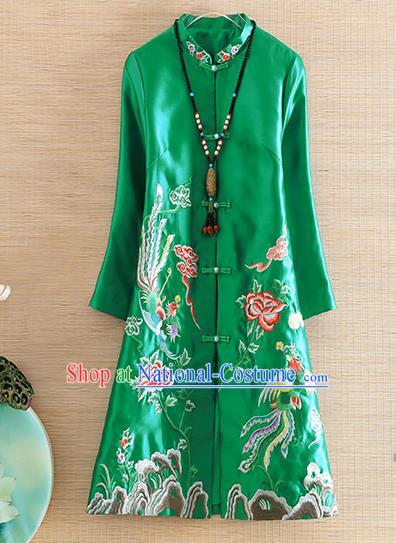 Chinese Traditional Tang Suit Embroidered Green Dust Coat National Costume Qipao Outer Garment for Women