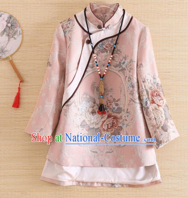 Chinese Traditional Tang Suit Printing Pink Blouse National Costume Qipao Upper Outer Garment for Women