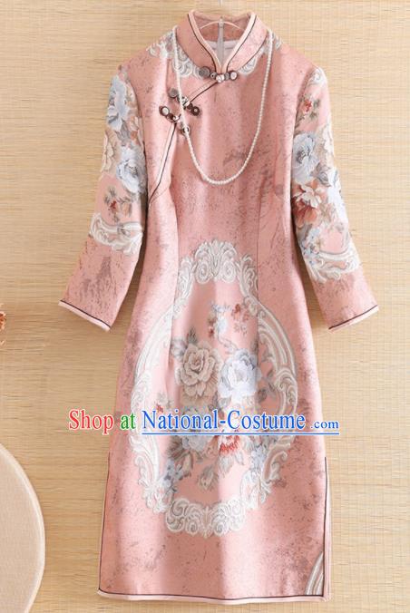 Chinese Traditional Tang Suit Printing Pink Cheongsam National Costume Qipao Dress for Women