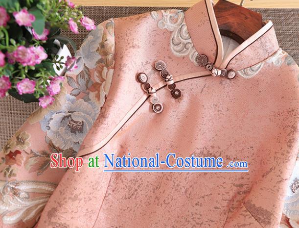 Chinese Traditional Tang Suit Printing Pink Cheongsam National Costume Qipao Dress for Women