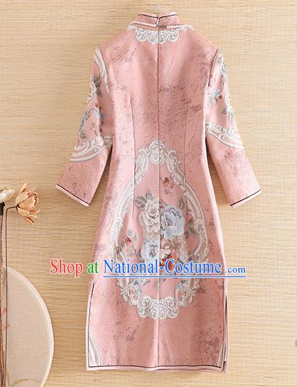 Chinese Traditional Tang Suit Printing Pink Cheongsam National Costume Qipao Dress for Women