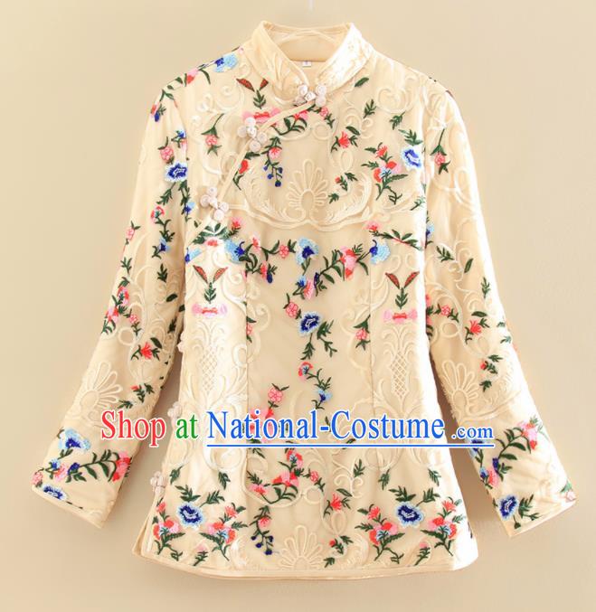 Chinese Traditional Tang Suit Embroidered Beige Shirt National Costume Qipao Upper Outer Garment for Women