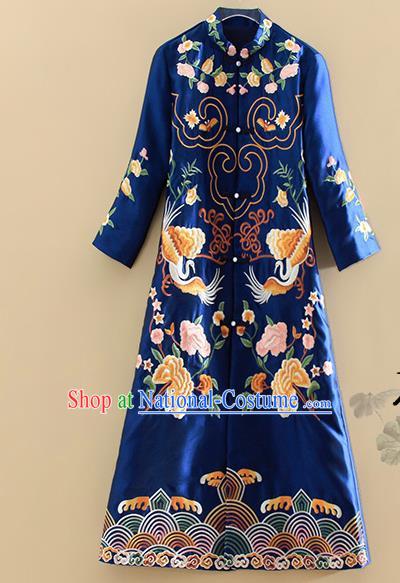 Chinese Traditional Tang Suit Embroidered Peony Crane Royalblue Dust Coat National Costume Qipao Outer Garment for Women