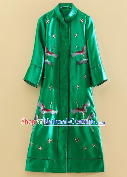 Chinese Traditional Tang Suit Embroidered Cranes Green Dust Coat National Costume Qipao Outer Garment for Women