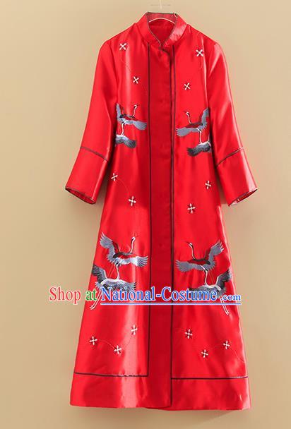 Chinese Traditional Tang Suit Embroidered Cranes Red Dust Coat National Costume Qipao Outer Garment for Women