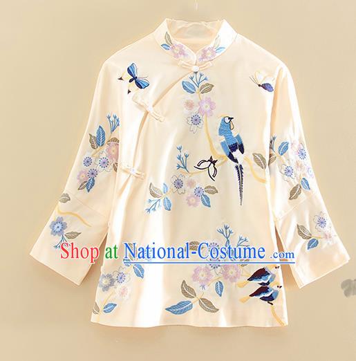 Chinese Traditional Tang Suit Embroidered Beige Shirt National Costume Qipao Upper Outer Garment for Women