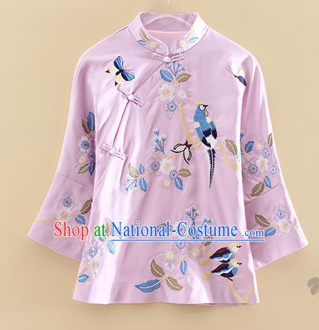 Chinese Traditional Tang Suit Embroidered Purple Shirt National Costume Qipao Upper Outer Garment for Women