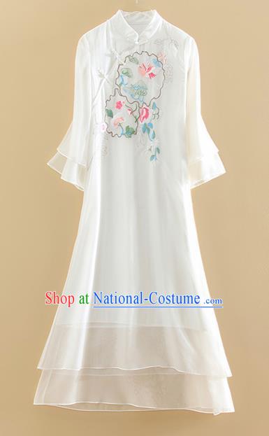 Chinese Traditional Tang Suit Embroidered Chrysanthemum Plum White Cheongsam National Costume Qipao Dress for Women