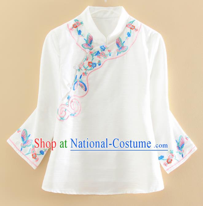 Chinese Traditional Tang Suit Embroidered Butterfly White Shirt National Costume Qipao Upper Outer Garment for Women